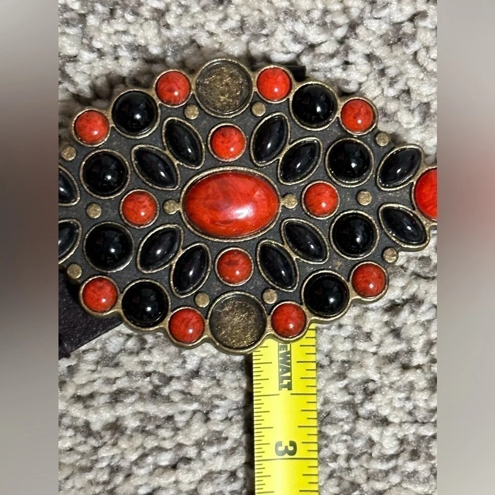 Artisan BELT Leather Braided M Brown Adjustable jeweled Red Gem Buckle 5484 Y